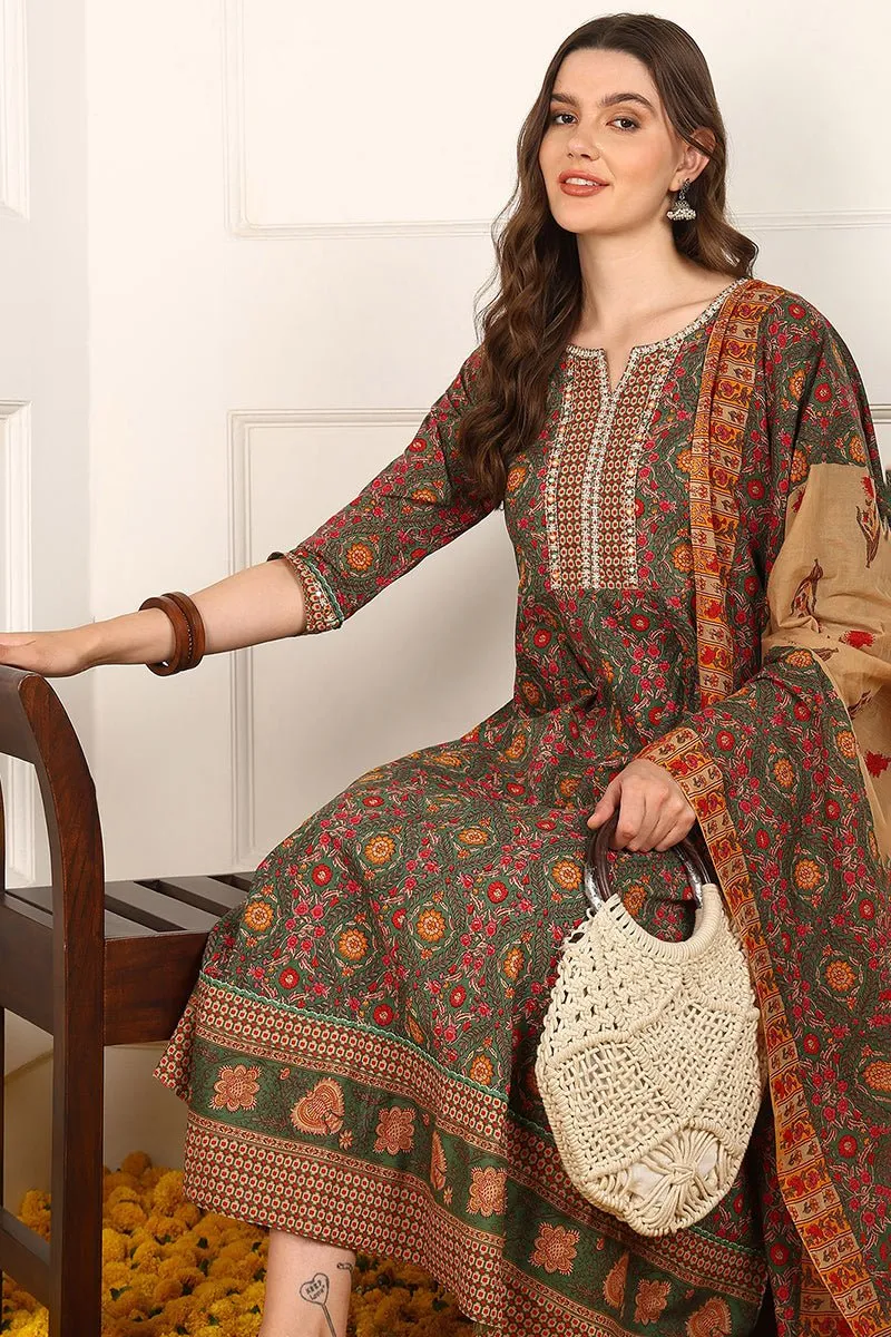 Ahika Green Cotton Floral Printed Embroidered Anarkali Suit Set