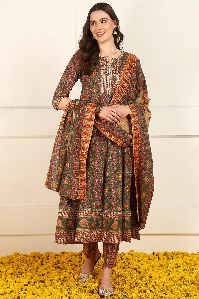 Ahika Green Cotton Floral Printed Embroidered Anarkali Suit Set