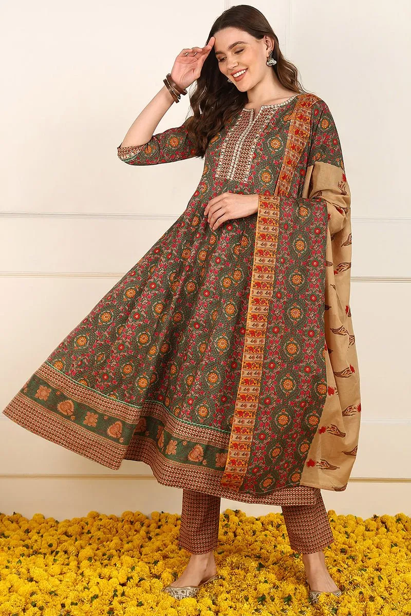 Ahika Green Cotton Floral Printed Embroidered Anarkali Suit Set