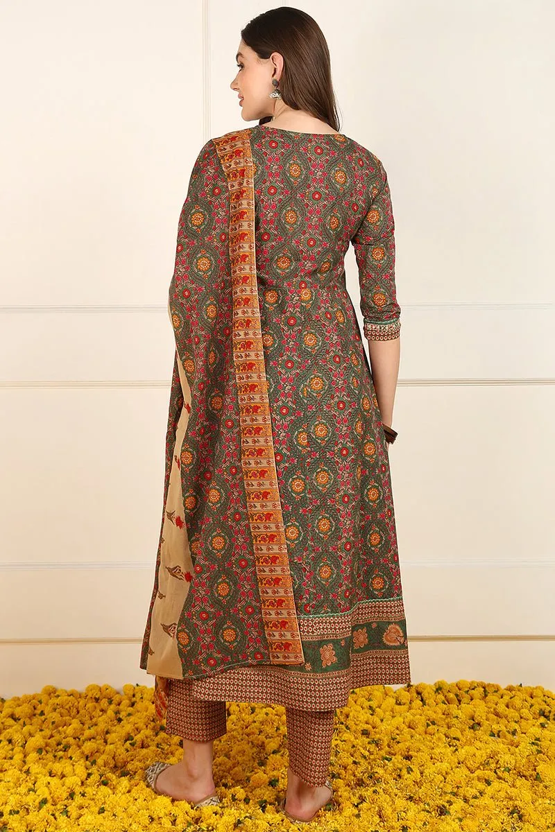 Ahika Green Cotton Floral Printed Embroidered Anarkali Suit Set