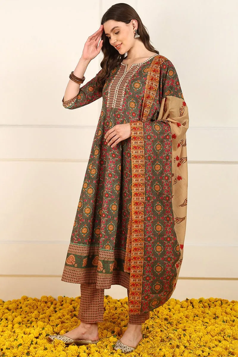 Ahika Green Cotton Floral Printed Embroidered Anarkali Suit Set