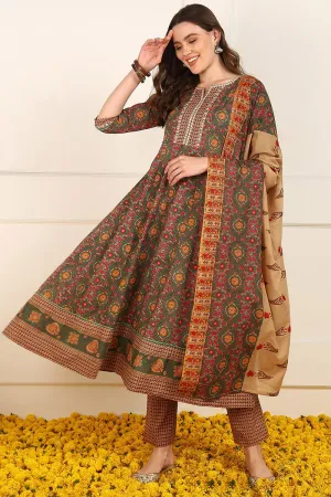 Ahika Green Cotton Floral Printed Embroidered Anarkali Suit Set