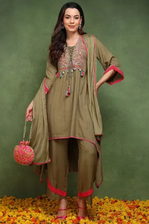 Ahika Olive Green Pure Cotton Solid Embroidered A-Line Suit Set