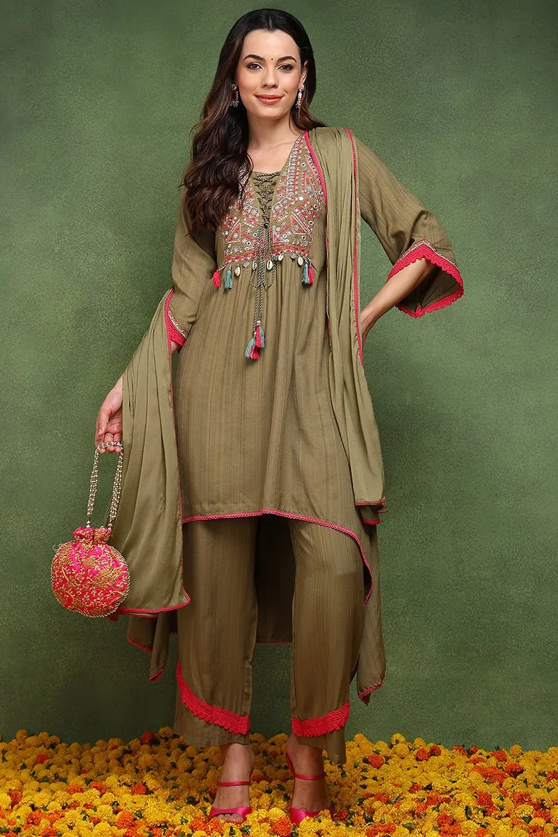 Ahika Olive Green Pure Cotton Solid Embroidered A-Line Suit Set