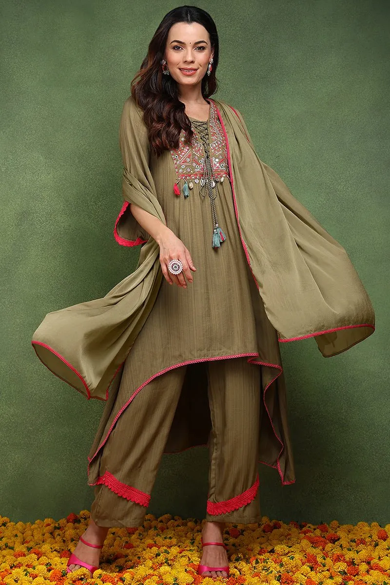 Ahika Olive Green Pure Cotton Solid Embroidered A-Line Suit Set
