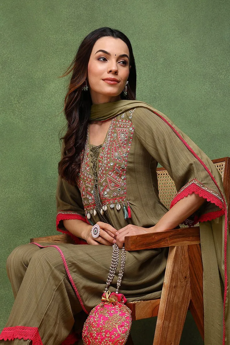 Ahika Olive Green Pure Cotton Solid Embroidered A-Line Suit Set