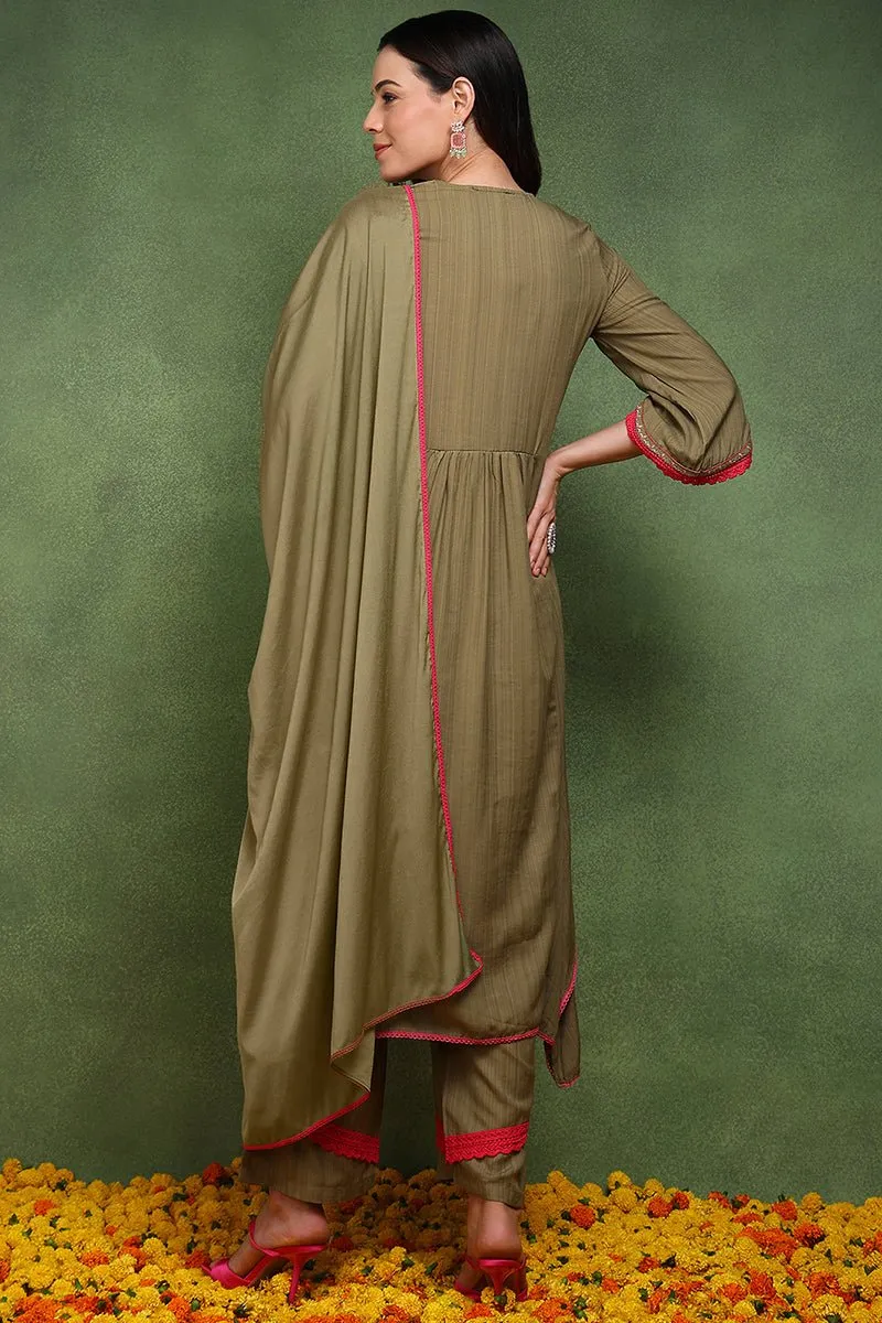 Ahika Olive Green Pure Cotton Solid Embroidered A-Line Suit Set