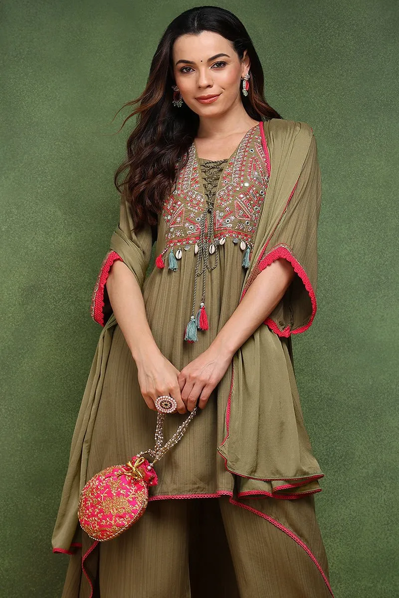 Ahika Olive Green Pure Cotton Solid Embroidered A-Line Suit Set