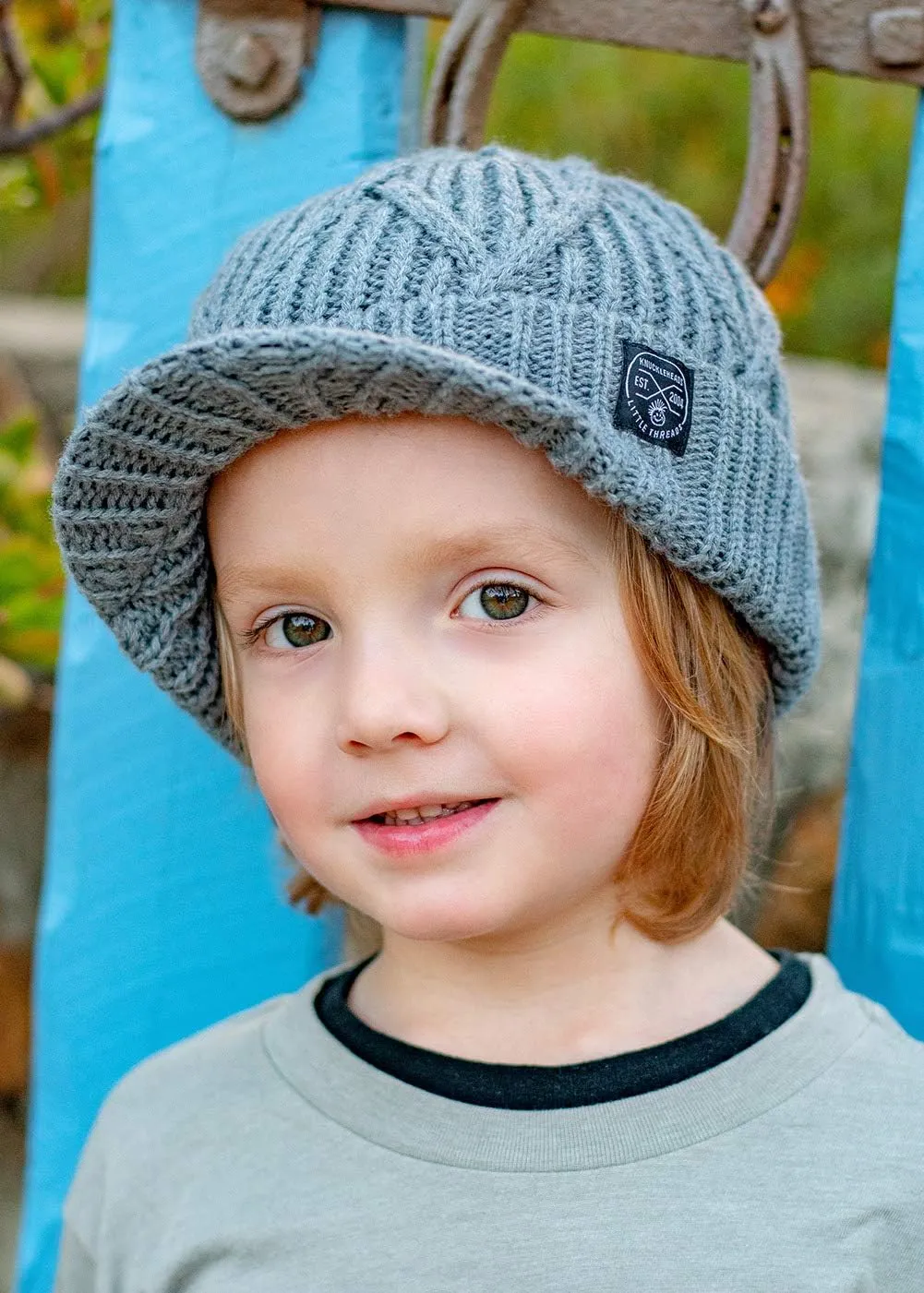 Born to Love Knuckleheads Gray Boy's Baby Visor Beanie Hat with Stripes Detail