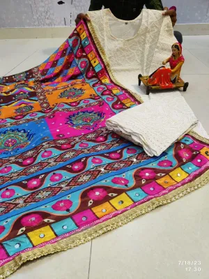 Bright Pink hues Multicolor design Chikankari Elegance - Pakistani Dupatta & Kurti Palazzo Set