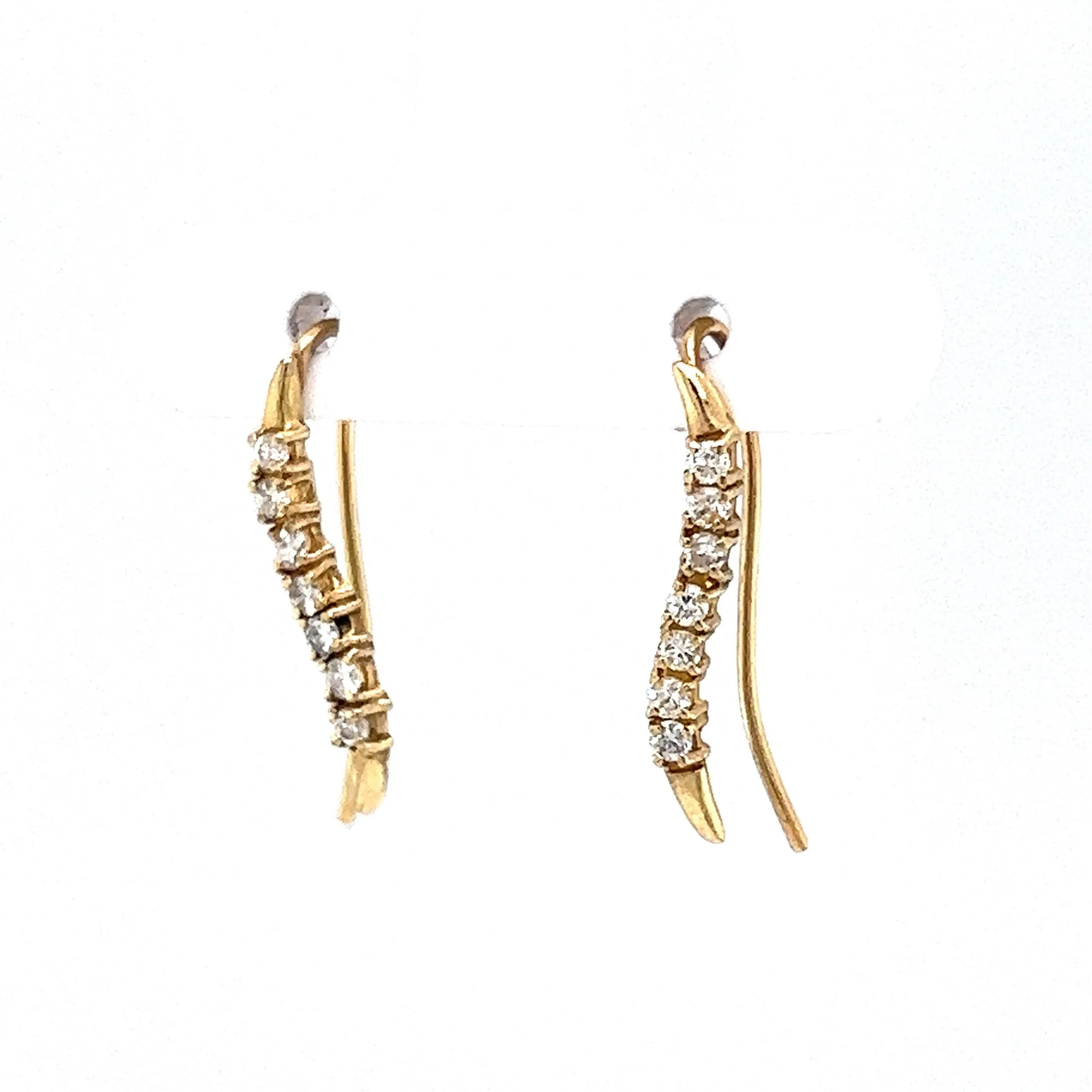 Curved Diamond Bar Drop or Climber Earrings in 14k Yellow Gold