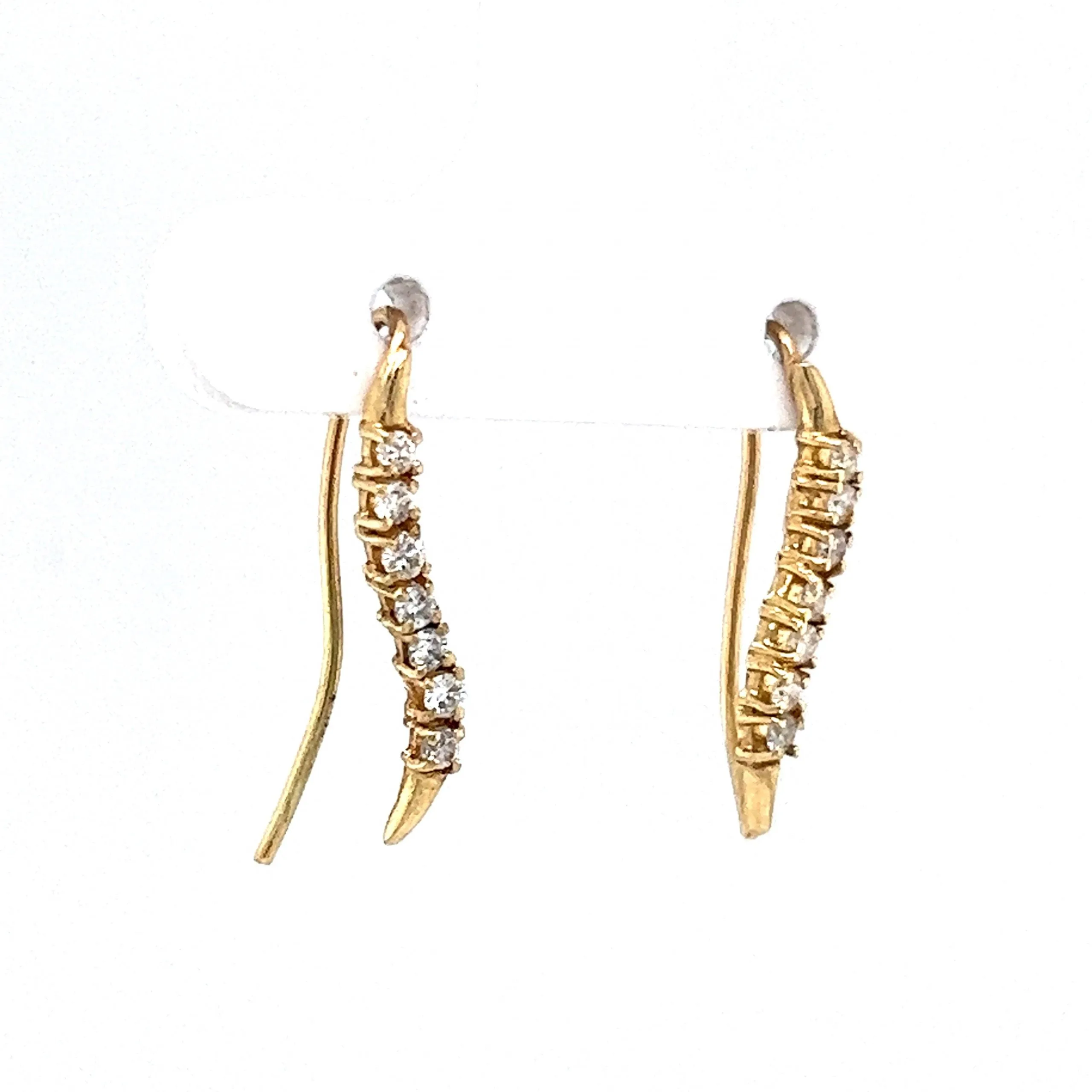 Curved Diamond Bar Drop or Climber Earrings in 14k Yellow Gold