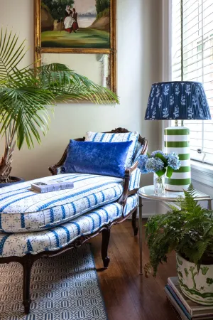 Dana Gibson Green Striped Stacked Lamp With Blue Pleated Shade