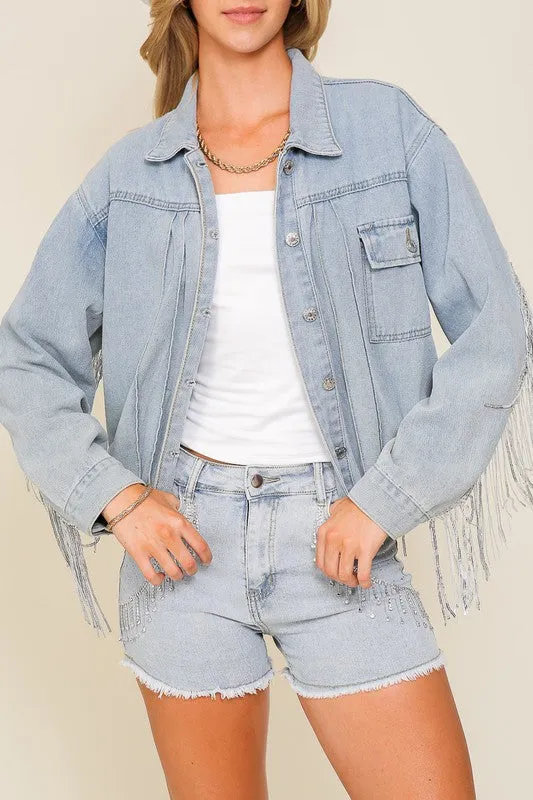 Denim Long Sleeve Sequin Fringe Jacket