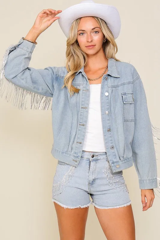 Denim Long Sleeve Sequin Fringe Jacket