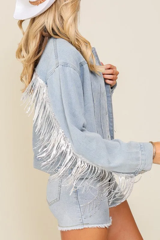 Denim Long Sleeve Sequin Fringe Jacket