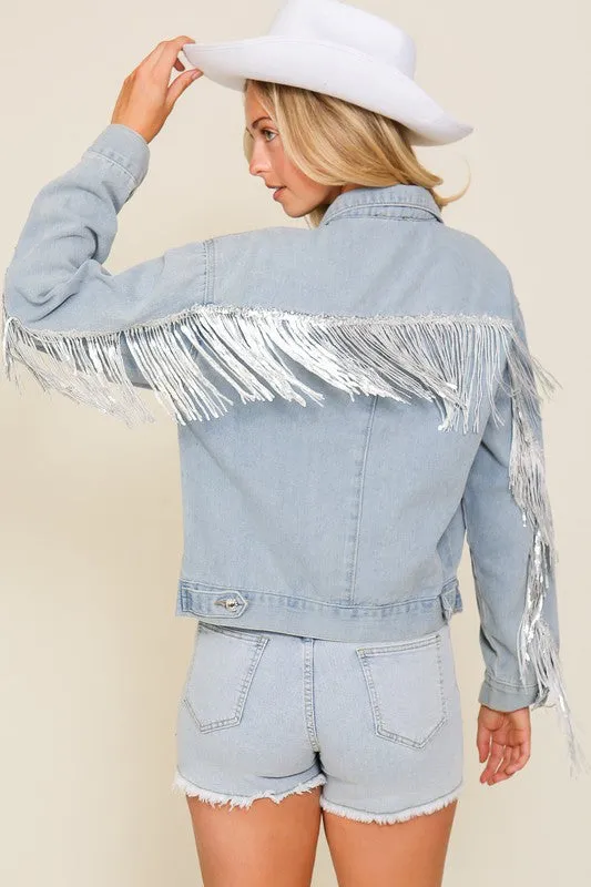 Denim Long Sleeve Sequin Fringe Jacket