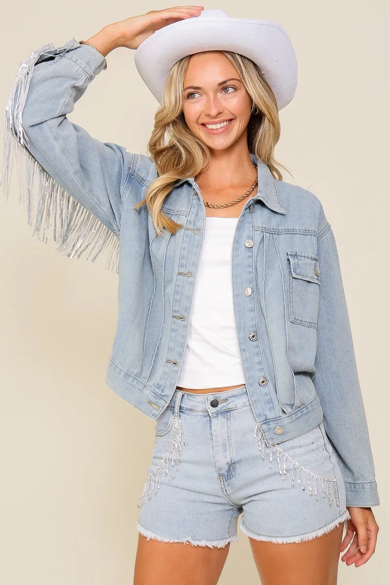 Denim Long Sleeve Sequin Fringe Jacket