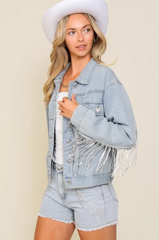 Denim Long Sleeve Sequin Fringe Jacket