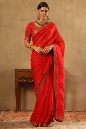 Handwoven Tomato Red Silk Organza Saree Set