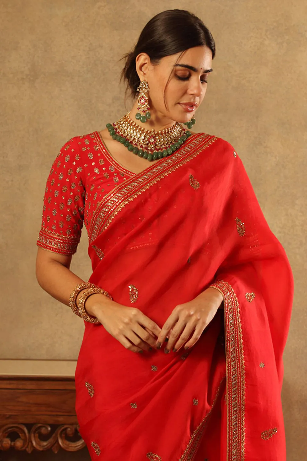 Handwoven Tomato Red Silk Organza Saree Set