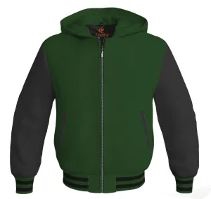 Hoodie Jackets Forest Green Body and Black Leather Sleeves Bomber Jacket