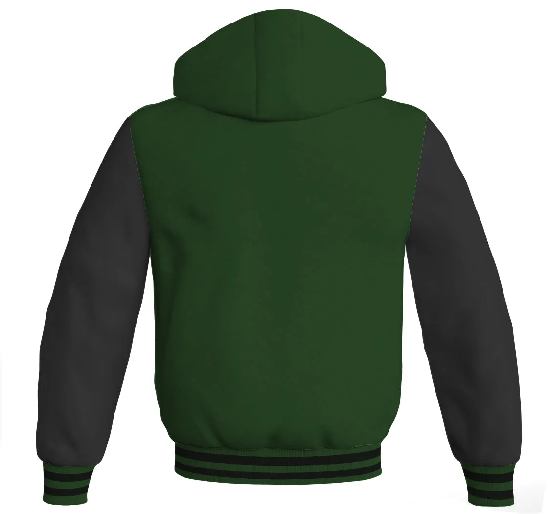 Hoodie Jackets Forest Green Body and Black Leather Sleeves Bomber Jacket