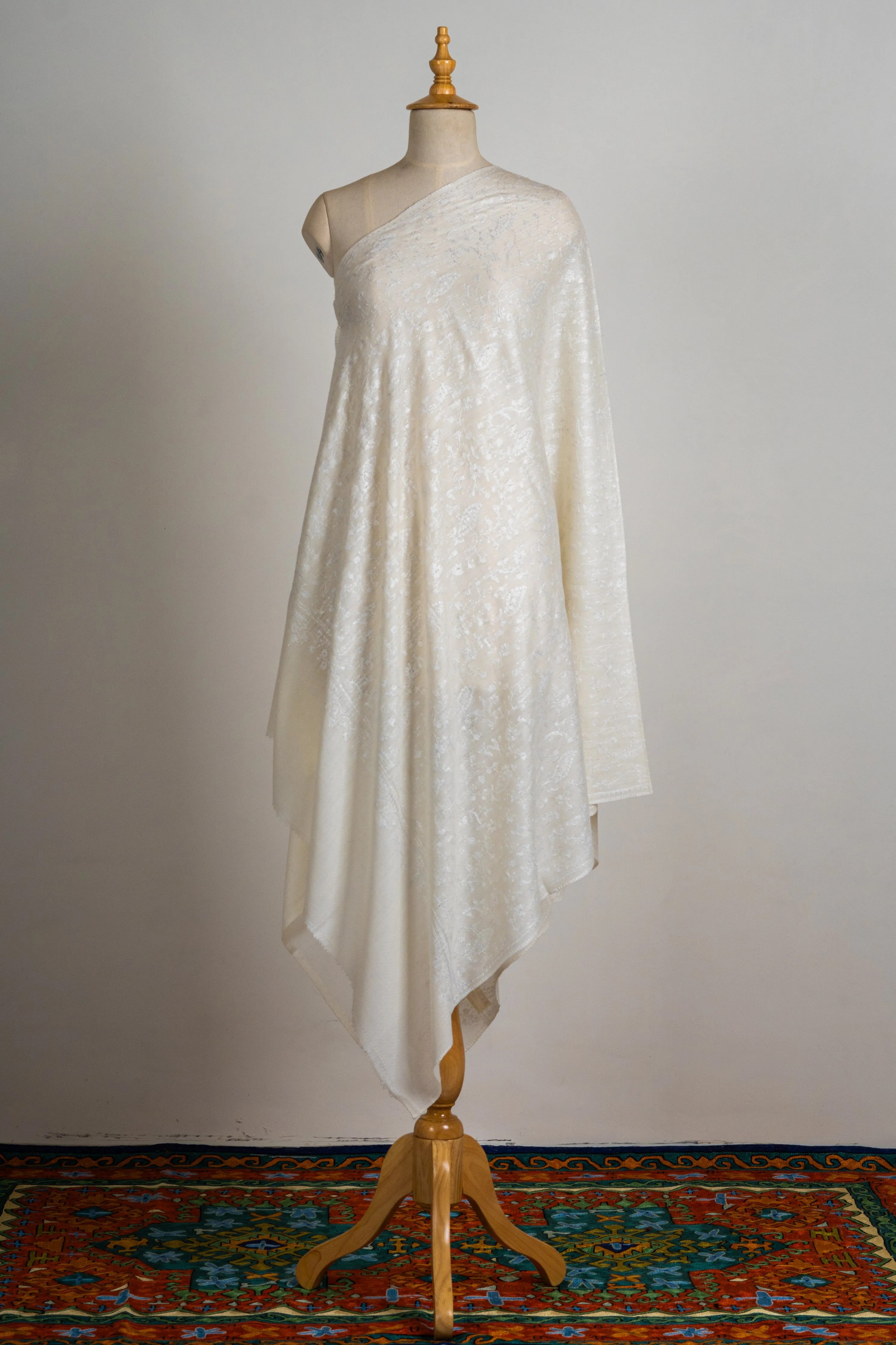 Ivory Whisper Hand-Embroidered Sozni Merino Wool Shawl