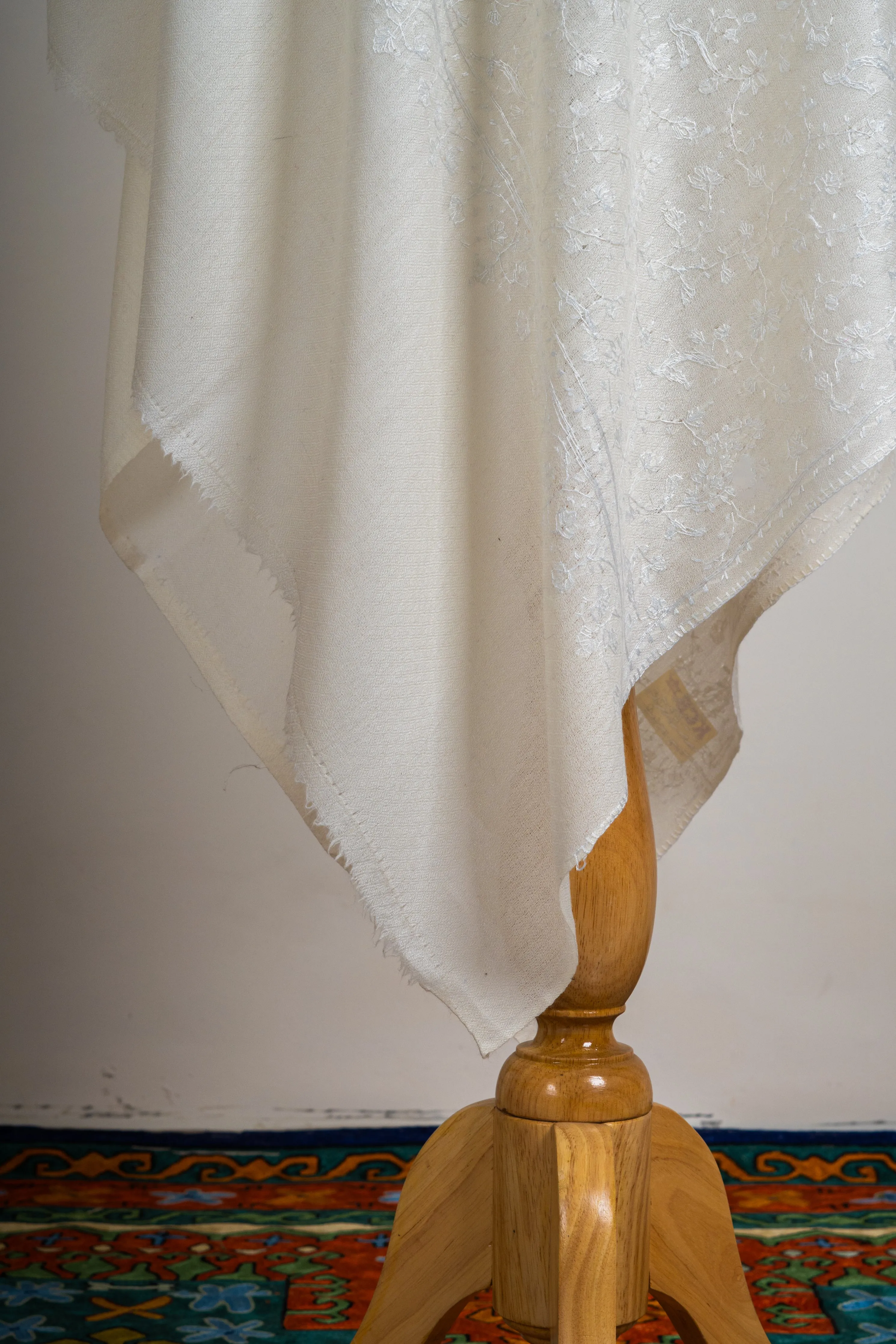 Ivory Whisper Hand-Embroidered Sozni Merino Wool Shawl