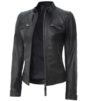 Johnson Tall Women Black Cafe Racer Leather Jacket