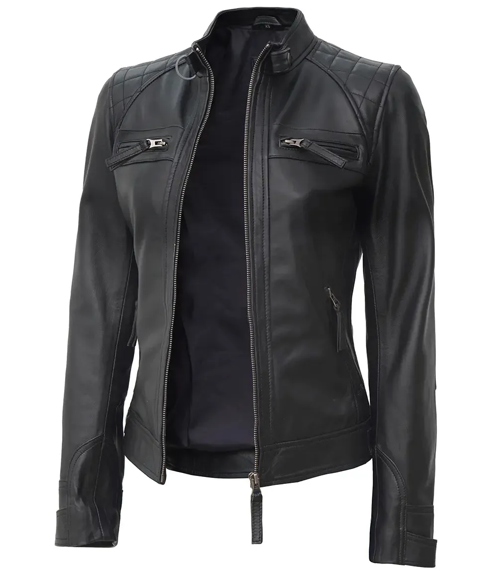 Johnson Tall Women Black Cafe Racer Leather Jacket