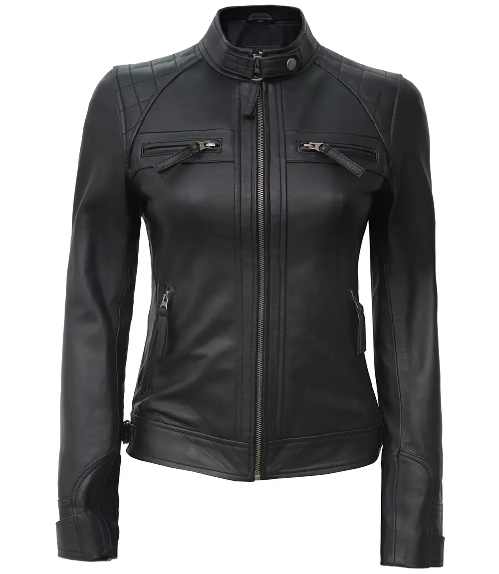 Johnson Tall Women Black Cafe Racer Leather Jacket
