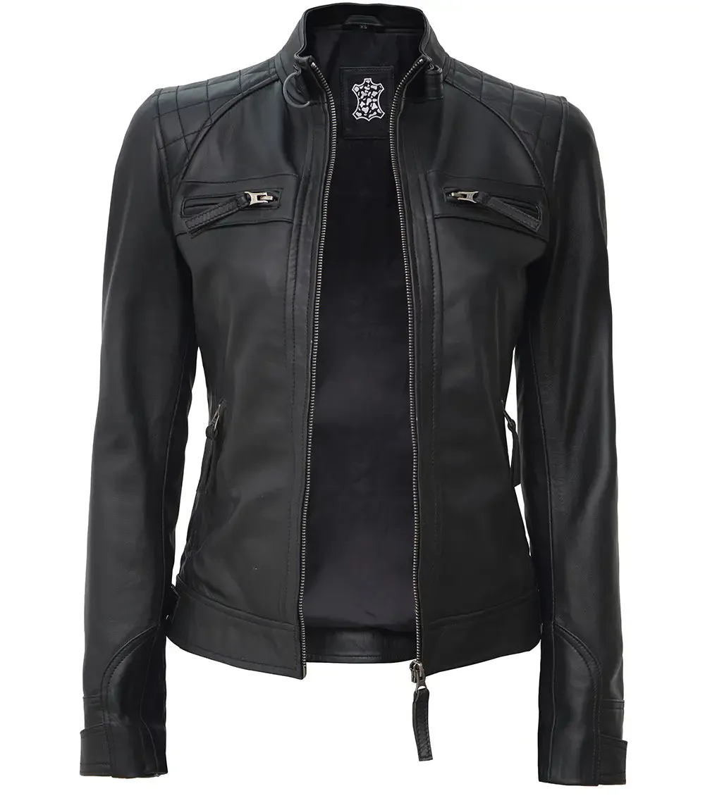 Johnson Tall Women Black Cafe Racer Leather Jacket