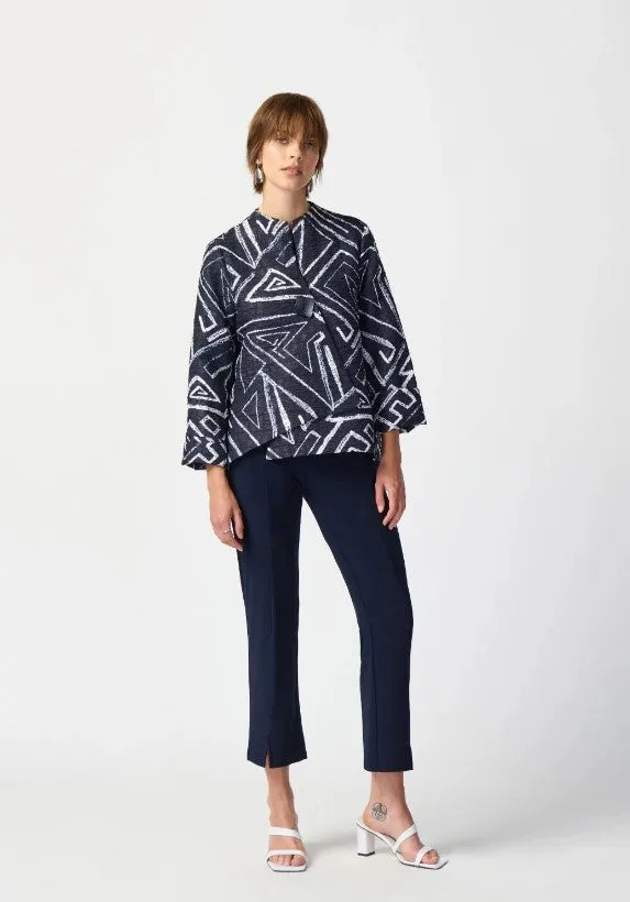 Joseph Ribkoff Midnight Blue/Vanilla Geometric Print Swing Asymmetric Jacket 241291