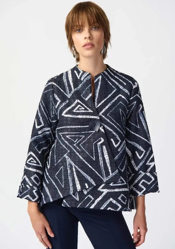 Joseph Ribkoff Midnight Blue/Vanilla Geometric Print Swing Asymmetric Jacket 241291