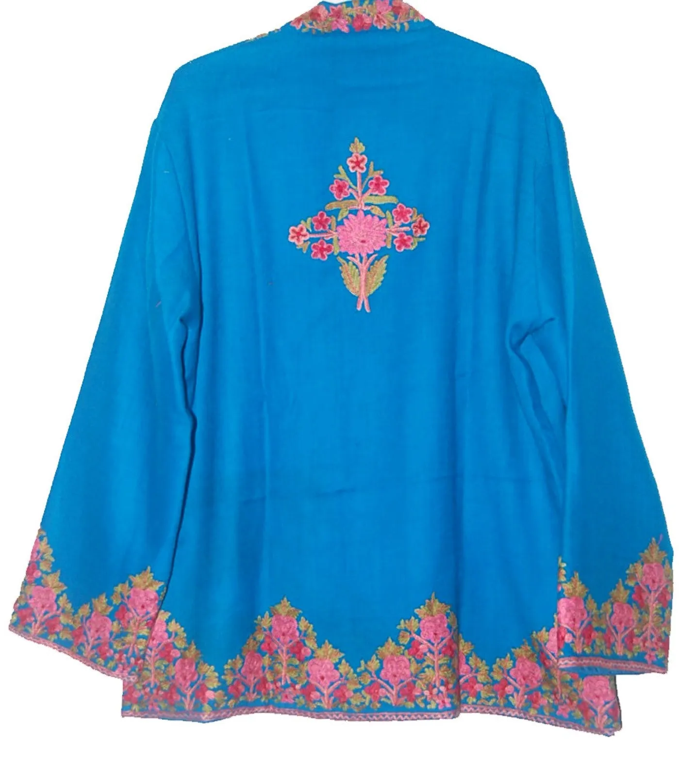 Kashmiri Woolen Jacket Sky Blue, Multicolor Embroidery #AO-029