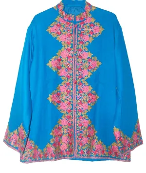 Kashmiri Woolen Jacket Sky Blue, Multicolor Embroidery #AO-029