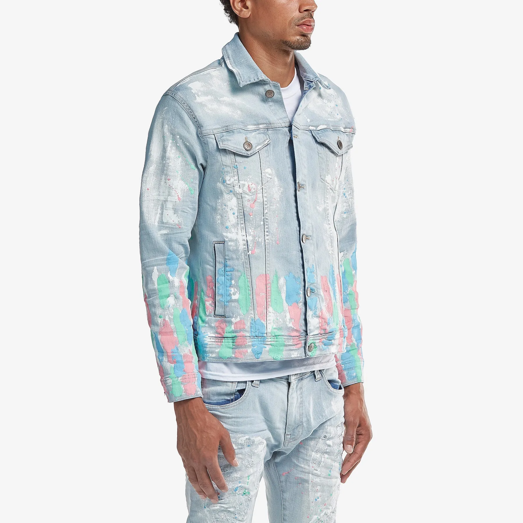 LIGHT BLUE DENIM JACKET W/ MULTI COLOR DETAIL