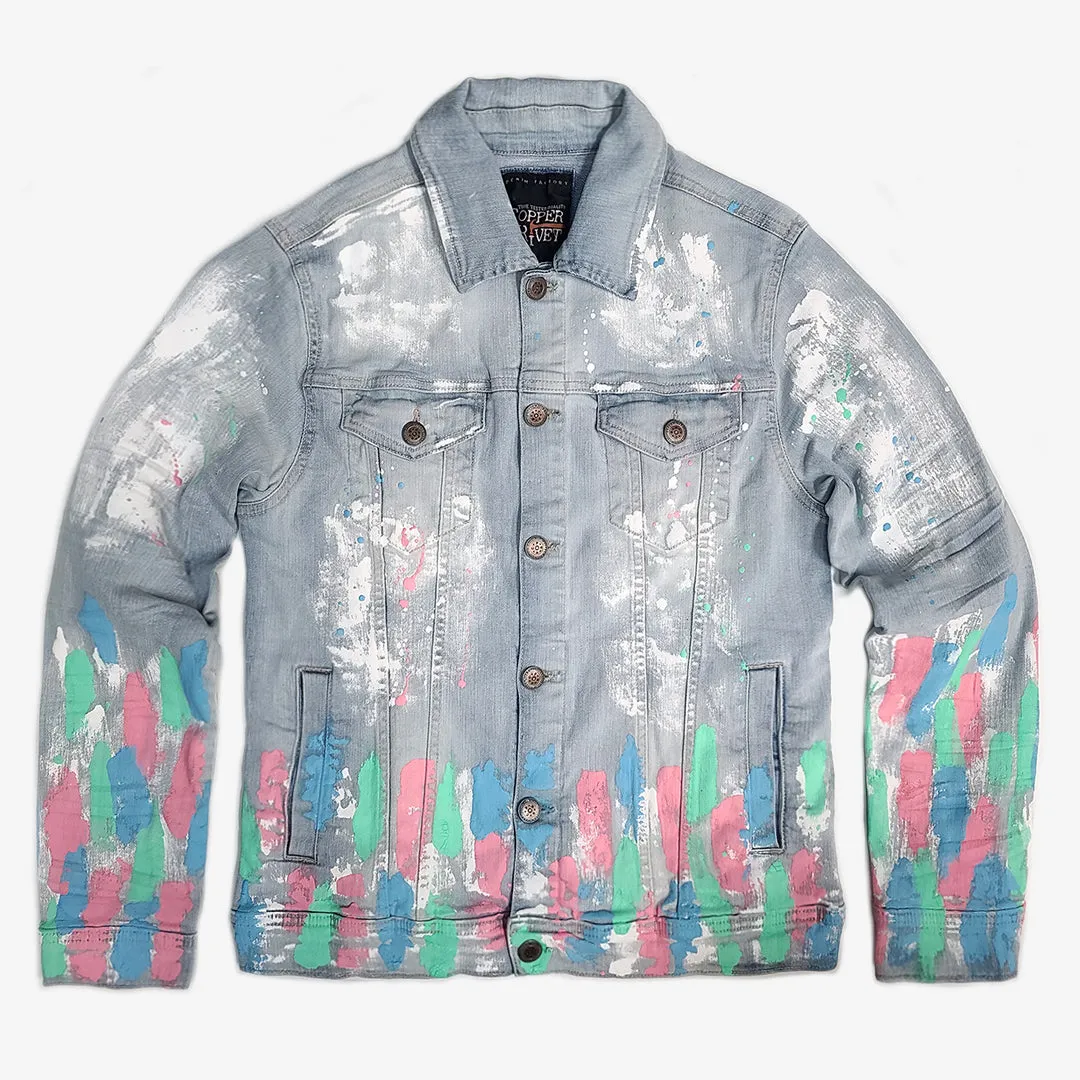 LIGHT BLUE DENIM JACKET W/ MULTI COLOR DETAIL