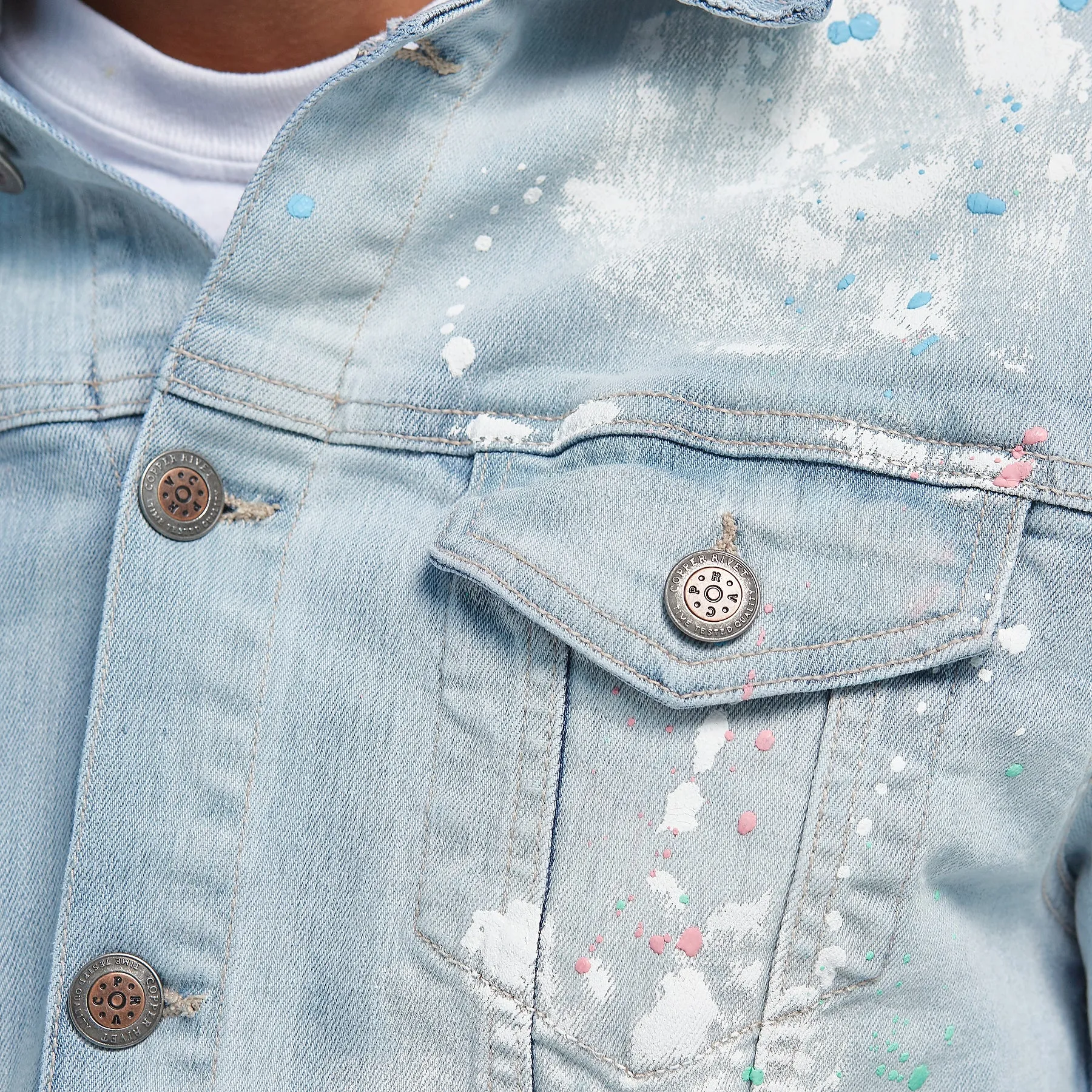 LIGHT BLUE DENIM JACKET W/ MULTI COLOR DETAIL