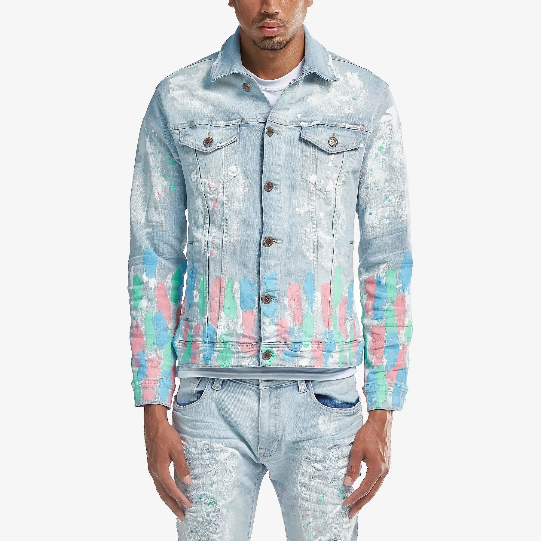 LIGHT BLUE DENIM JACKET W/ MULTI COLOR DETAIL