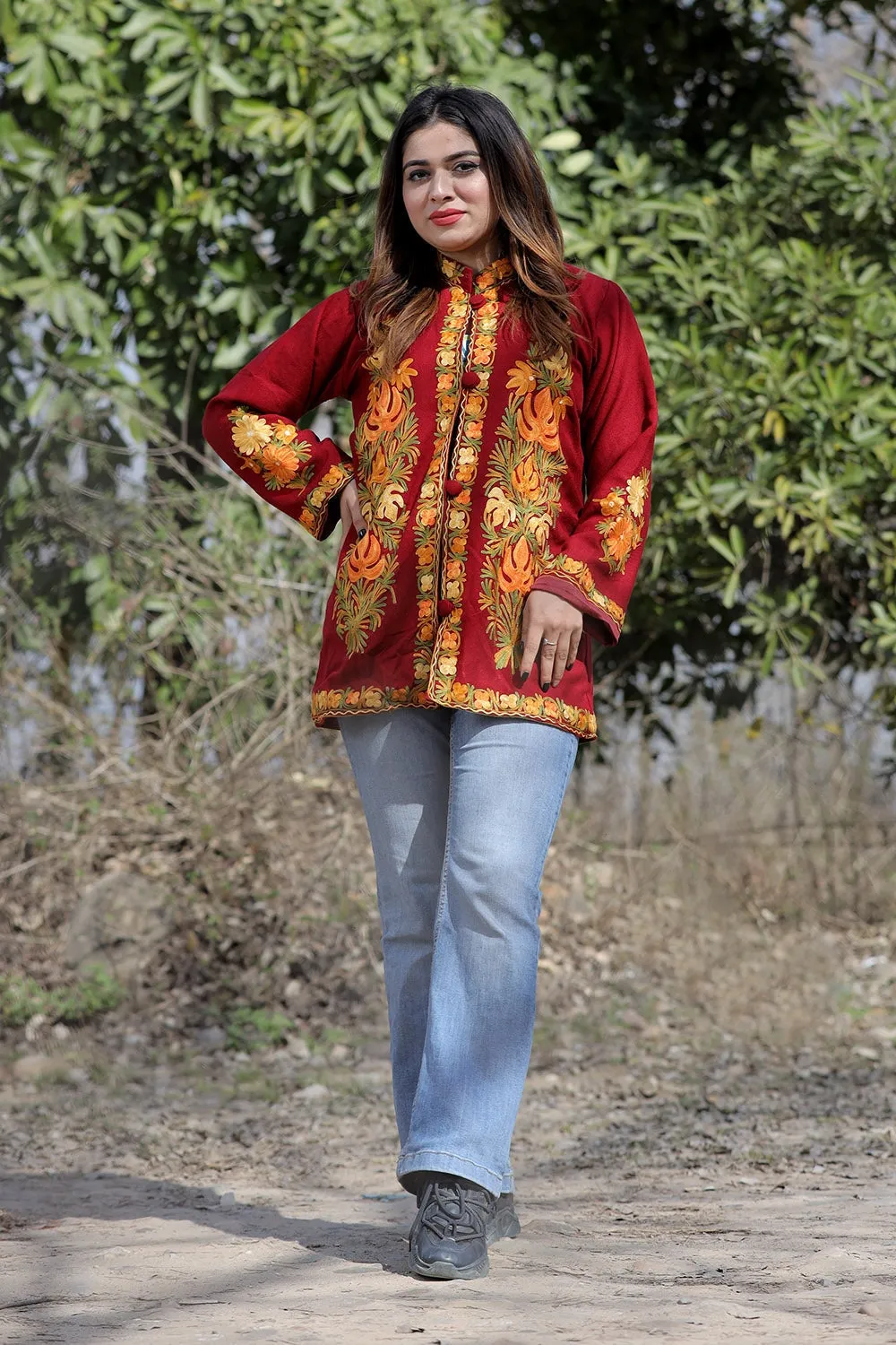 Maroon Color Aari Work Embroidered Jacket With Beautiful Designer Pattern Defines Sophistication.