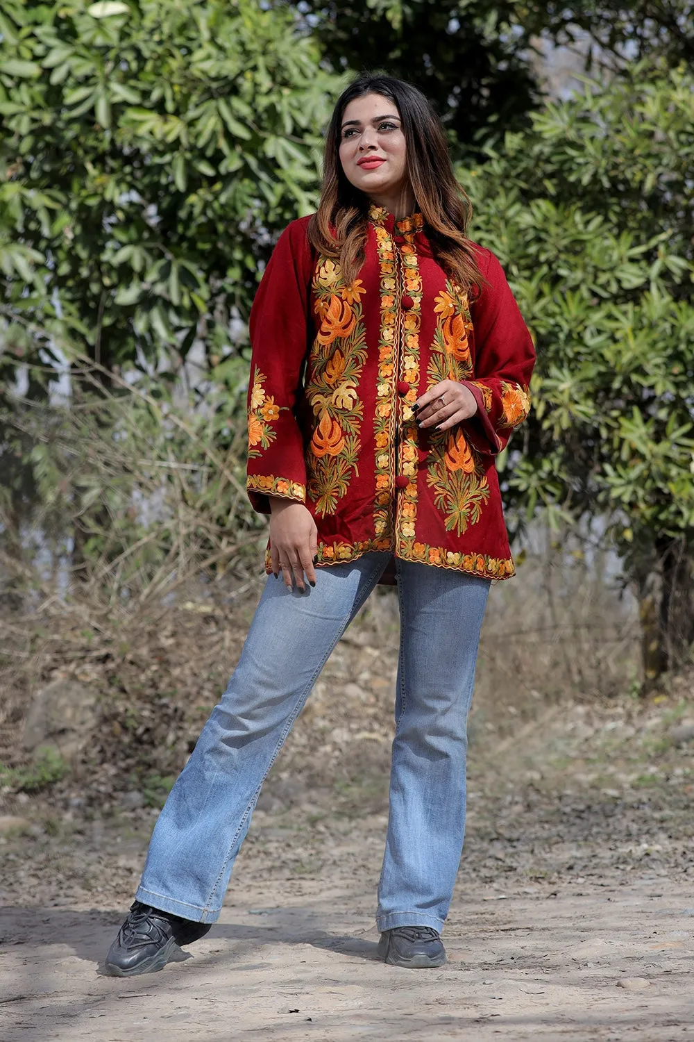 Maroon Color Aari Work Embroidered Jacket With Beautiful Designer Pattern Defines Sophistication.
