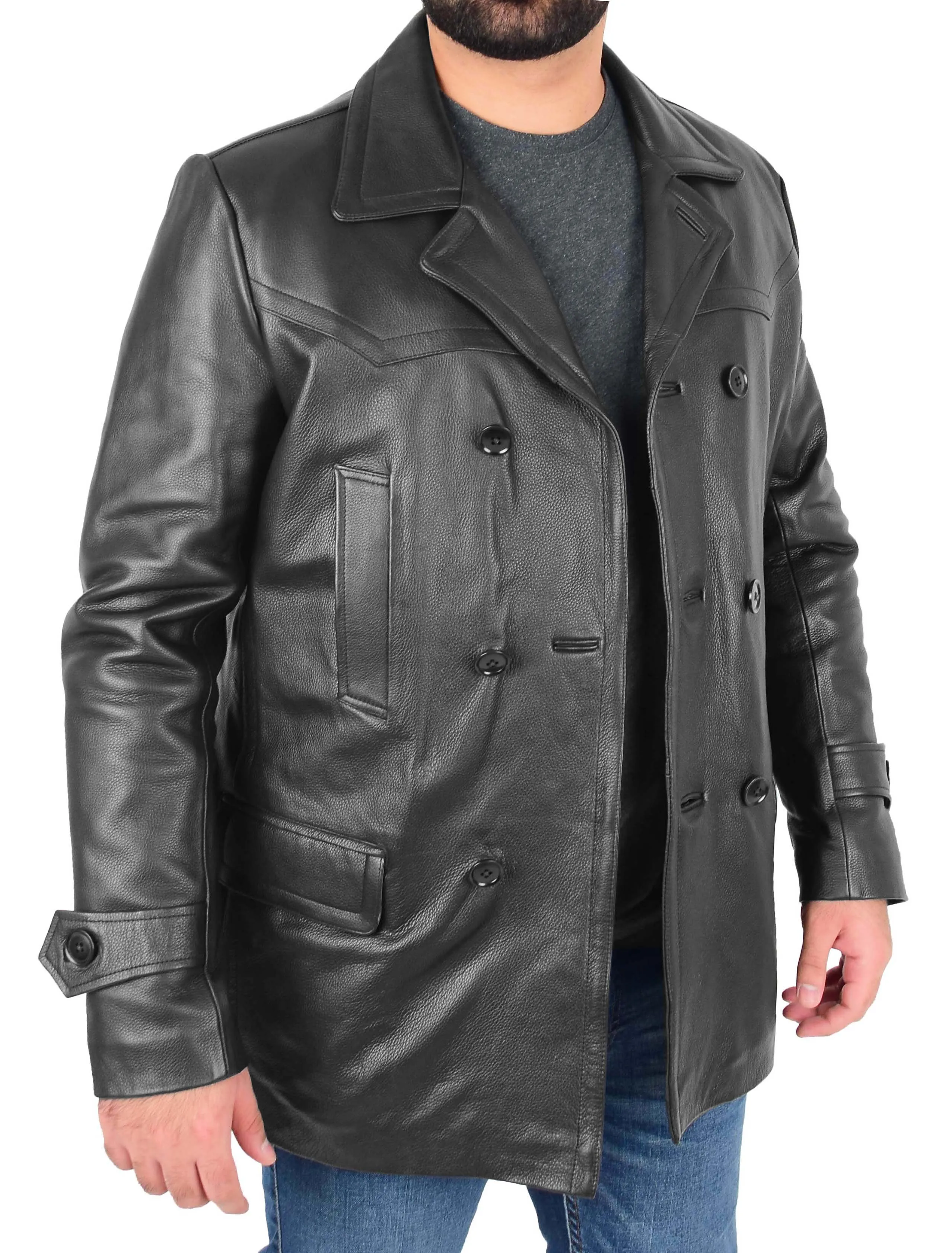 Mens Trench Leather Fitted Reefer Military Overcoat Ernest Black