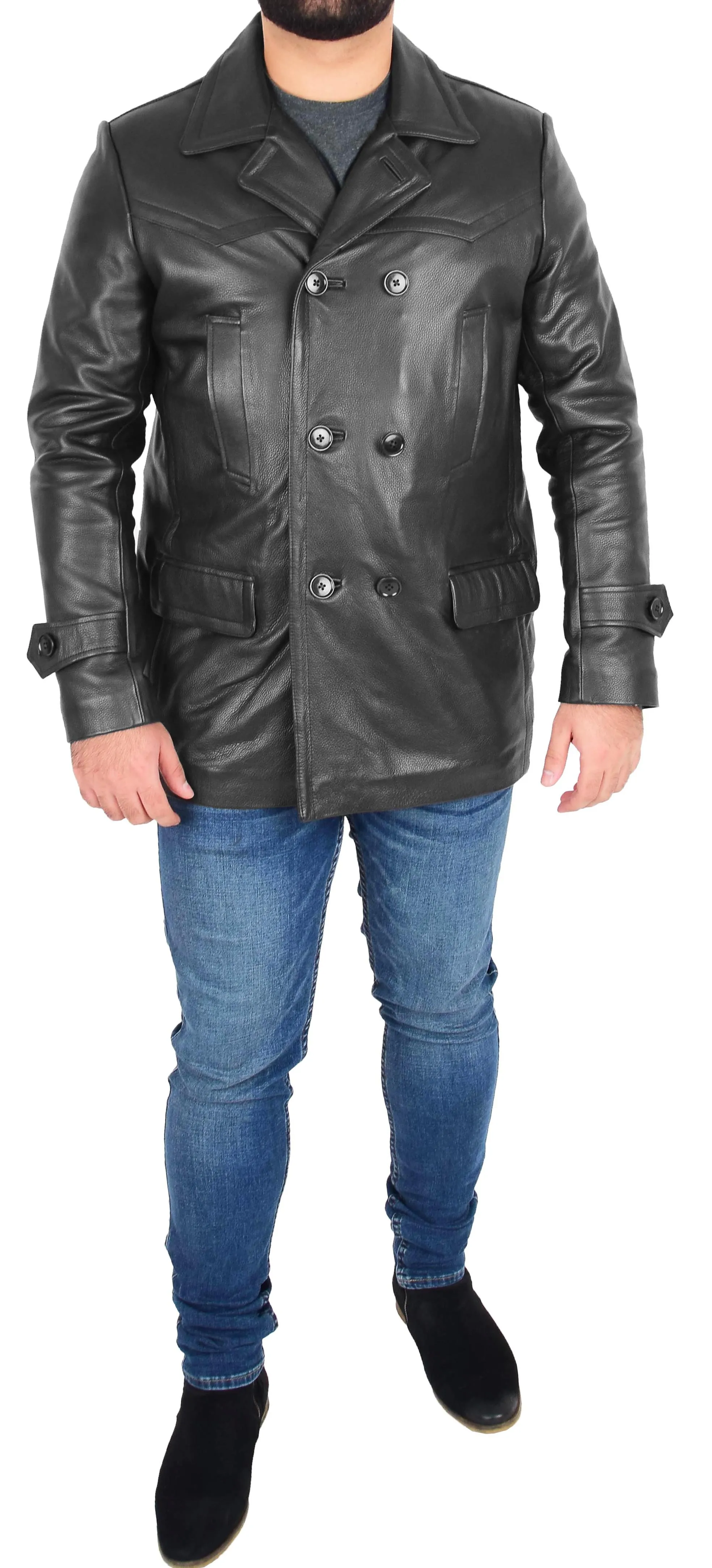Mens Trench Leather Fitted Reefer Military Overcoat Ernest Black