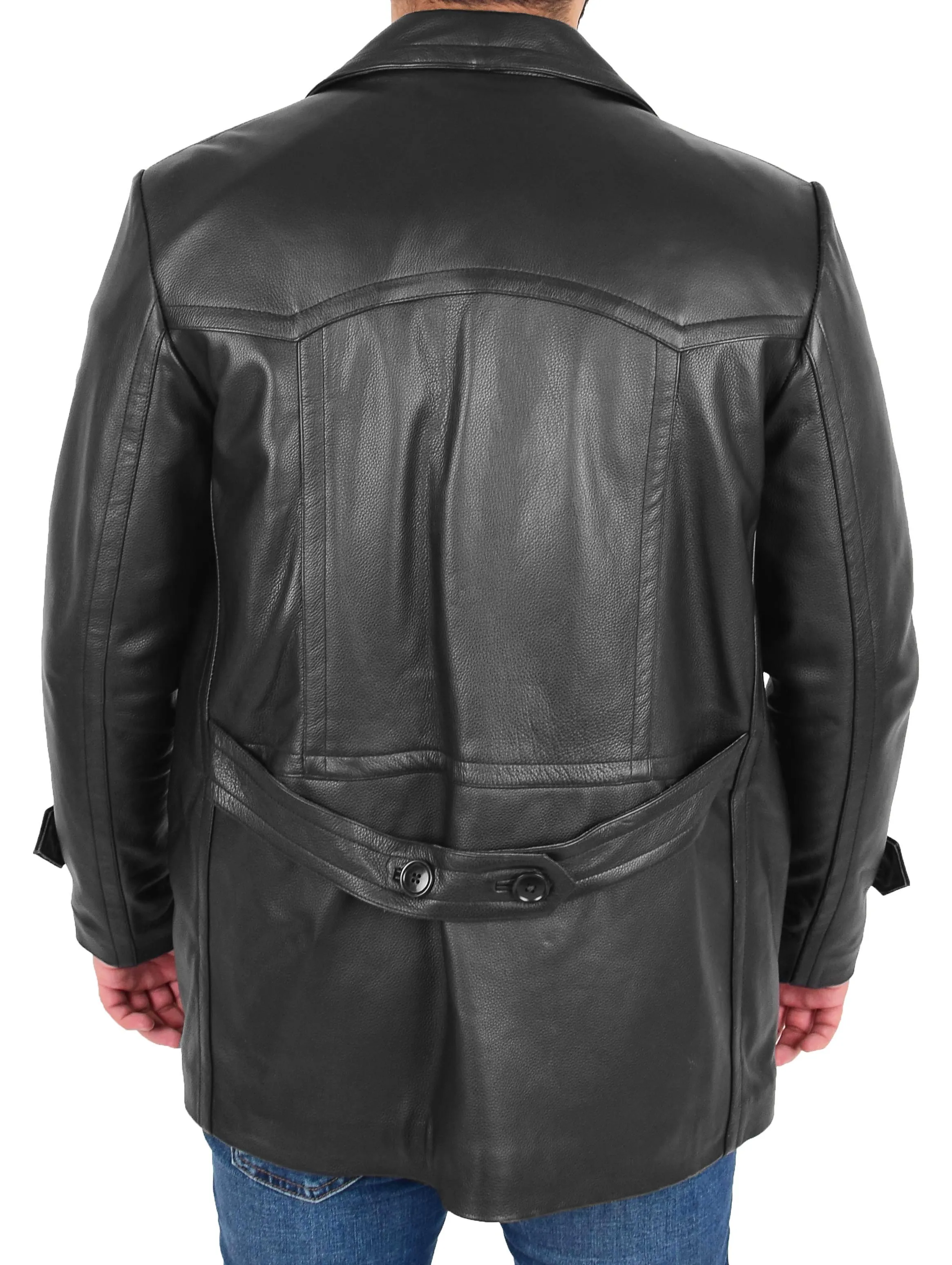Mens Trench Leather Fitted Reefer Military Overcoat Ernest Black