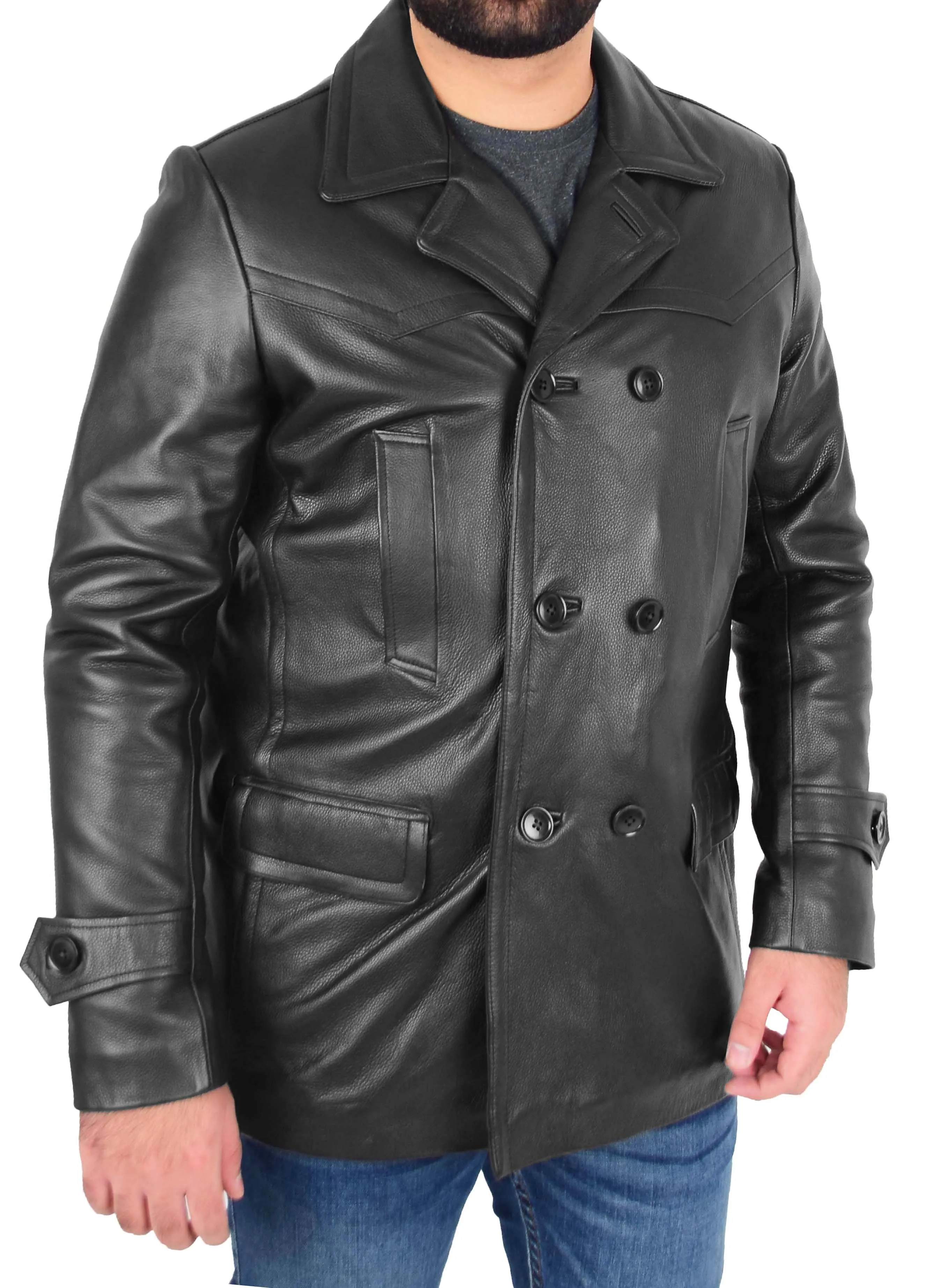 Mens Trench Leather Fitted Reefer Military Overcoat Ernest Black