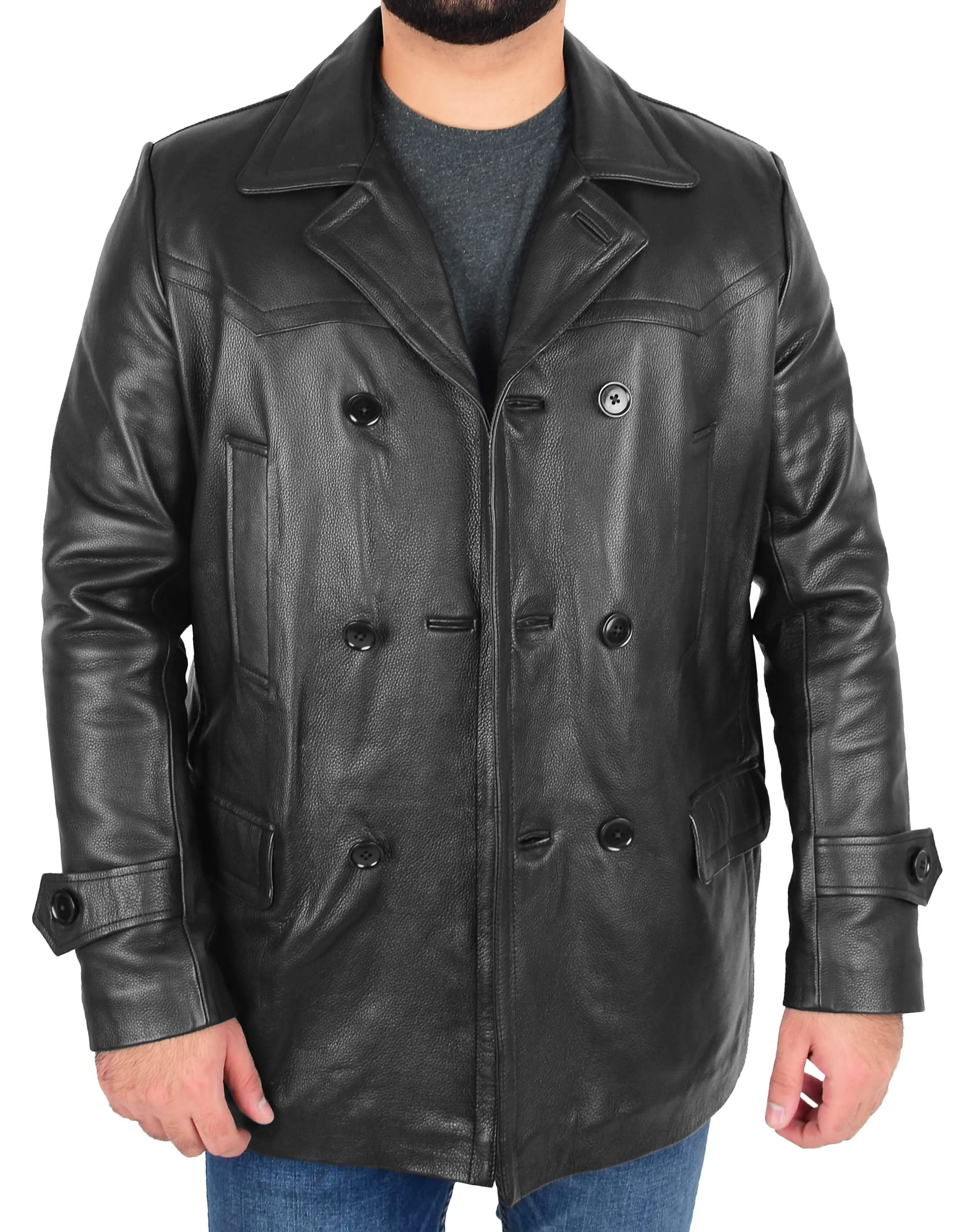 Mens Trench Leather Fitted Reefer Military Overcoat Ernest Black