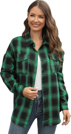 MIDNIGHTSUN Womens Button Down Flannel Plaid Shacket Shirt Oversized Buffalo Long Sleeve Shirt Jacket