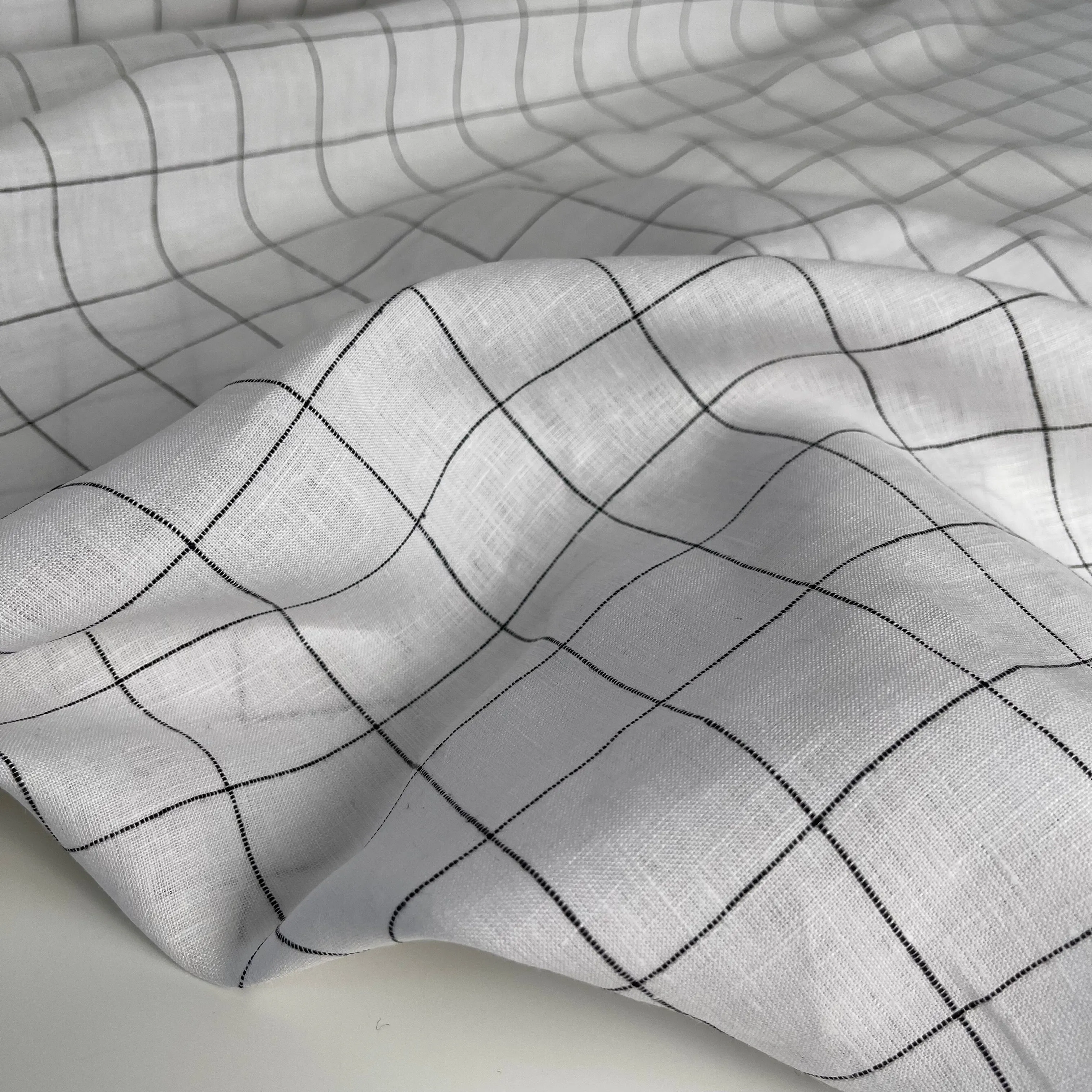 Monochrome Checks White Linen Fabric
